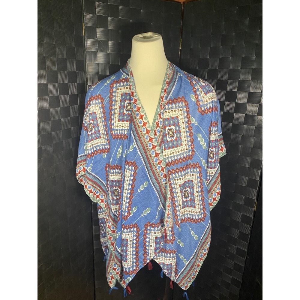 Simply Noelle Kimono Wrap Women OS Blue Southwestern Tassel Trim Open Front